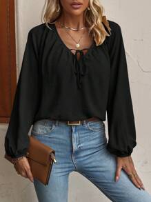 SHEIN LUNE Solid Lantern Sleeve Blouse Fall Cloth For Women - Black - View 4