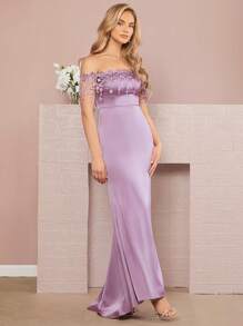 SHEIN Belle Váy lệch vai đính chi tiết Váy cô dâu viền nàng tiên cá - Màu tím hoa cà - Xem 3