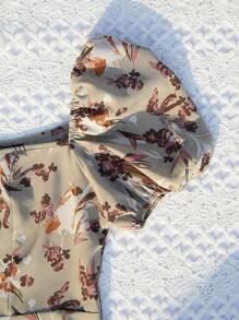 SHEIN VCAY Vestido con estampado floral bajo fruncido de manga farol - Multicolor - Ver 3