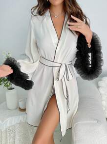 Women's Black And White Thigh Length V Neck Robe With Flare Sleeves And Contrast Binding