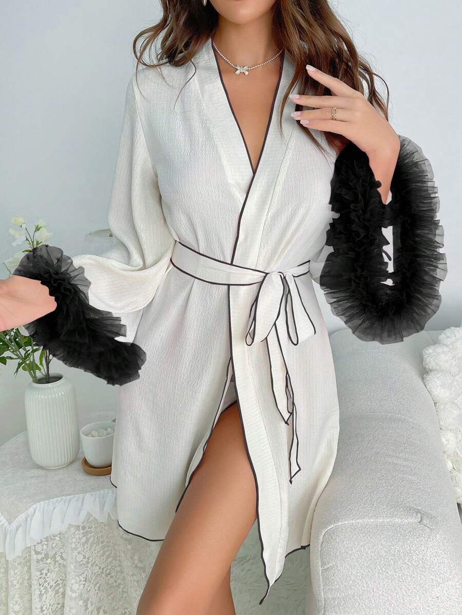 Women's Black And White Thigh Length V Neck Robe With Flare Sleeves And Contrast Binding