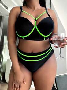 Slaydiva Plus Summer Beach Contrast Neon Trim Push Up Bikini Set - Black - View 1