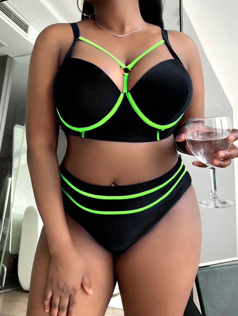 Slaydiva Plus Summer Beach Contrast Neon Trim Push Up Bikini Set - Black - View 1