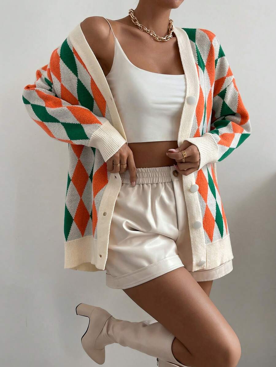SHEIN Essnce Argyle Pattern Drop Shoulder Cardigan