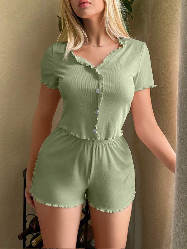 Lettuce Trim Top & Shorts Lounge Set Outfit