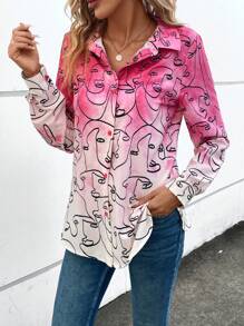 SHEIN LUNE Đồ họa Hình Nút phía trước Áo sơ mi - Hồng - Xem 5