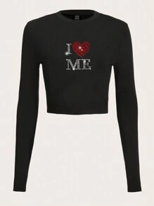 SHEIN EZwear Heart & Letter Graphic Tee - Black - View 1