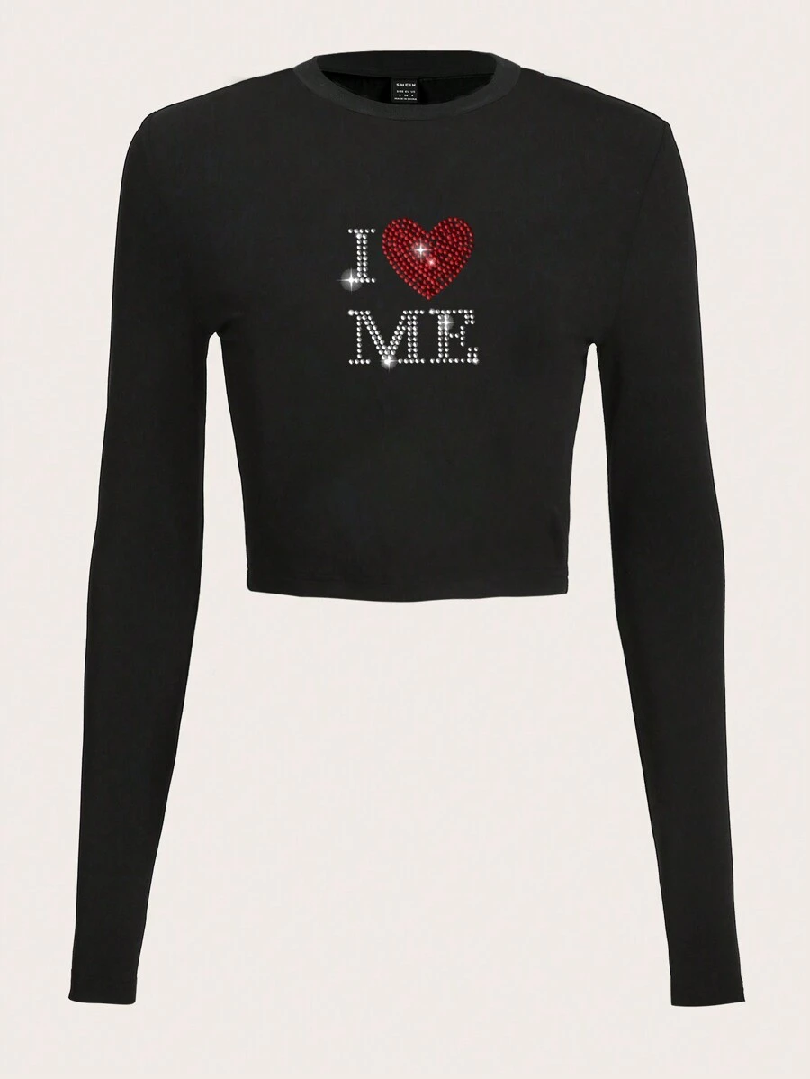 SHEIN EZwear Heart & Letter Graphic Tee - Black - View 1