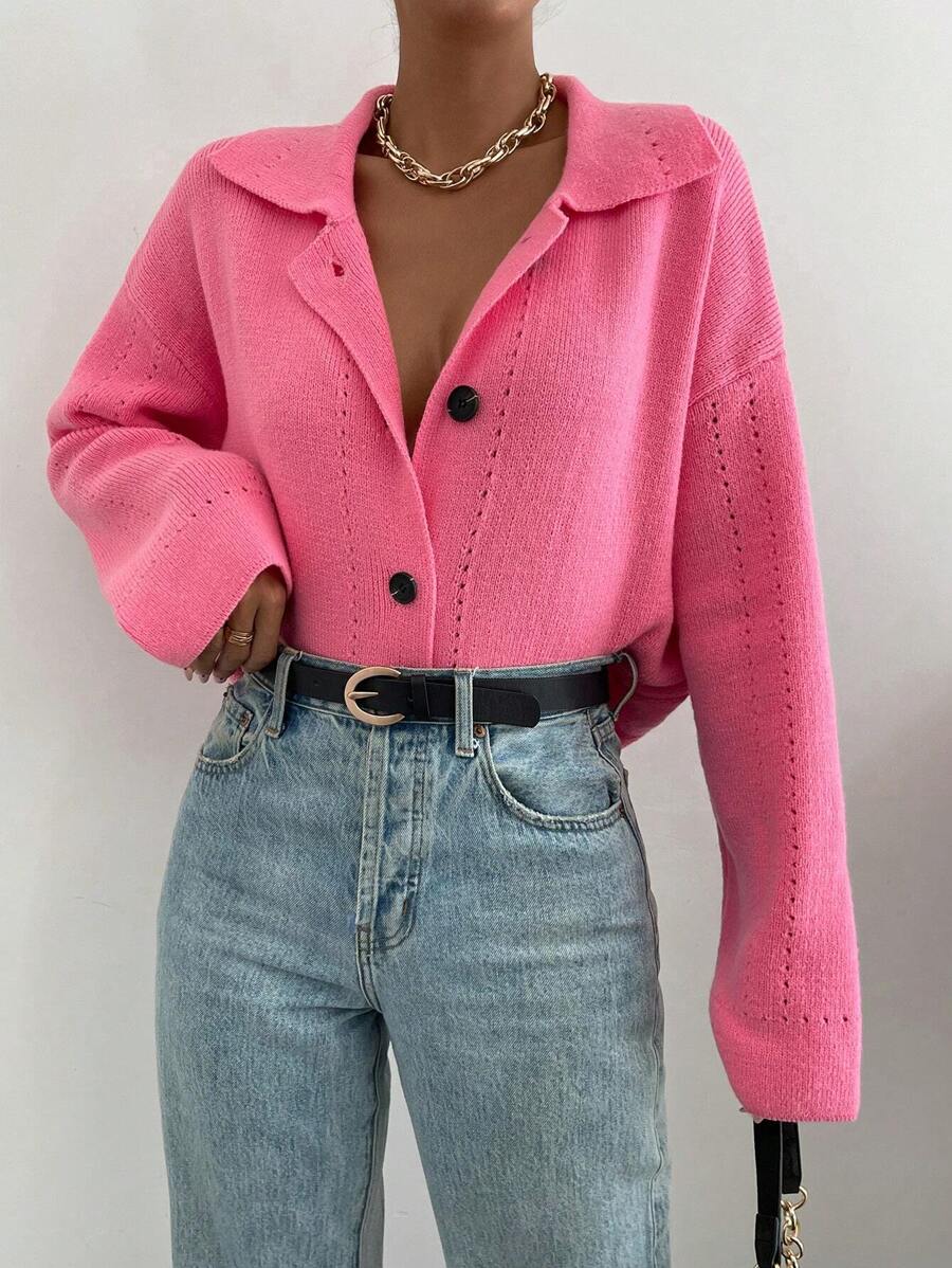 SHEIN LUNE Drop Shoulder Button Front Cardigan - Pink - View 1