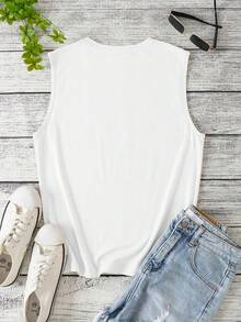 SHEIN LUNE 仙人掌和標語圖案背心上衣 - 白色 - 查看 2