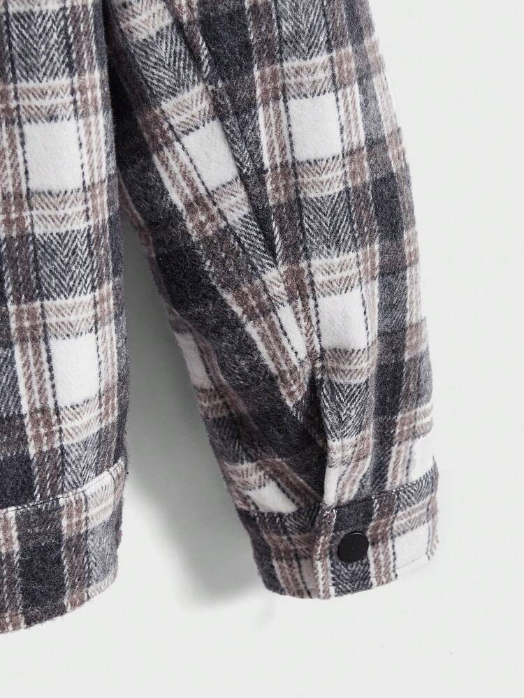 Loose Men's Plaid Print Flap Pocket Overcoat (Without T-Shirt), For Fall Winter