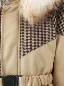 SHEIN Tween Girl 1pc Houndstooth Pattern Fuzzy Trim Hooded Buckle Belted Coat - Khaki - View 5