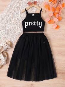 SHEIN Tween Girl Letter Graphic Cami Top & Mesh Overlay Skirt - Black - View 1