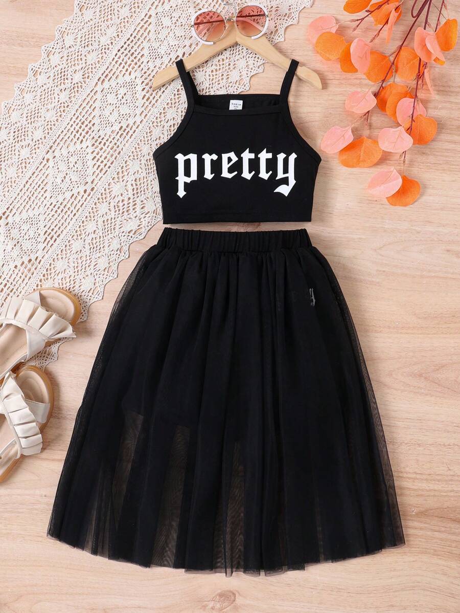 SHEIN Tween Girl Letter Graphic Cami Top & Mesh Overlay Skirt - Black - View 1