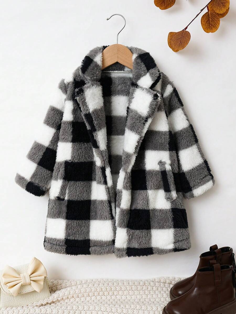 SHEIN Abrigo de franela a cuadros búfalo con cuello de solapa para niña bebé, para Navidad - Blanco y Negro - Ver 1