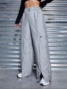 SHEIN EZwear Pantalones De Carga Con Bolsillo De Solapa Y Raja En El Dobladillo - Gris Claro - Ver 2