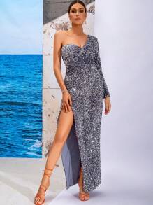 LOVE&LEMONADE One Shoulder Split Thigh Sequin Party Dress - Grey - View 1