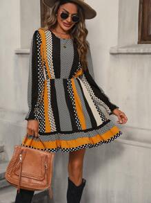SHEIN Unity Polka Dot Print Flounce Sleeve Ruffle Hem Dress - Multicolor - View 4