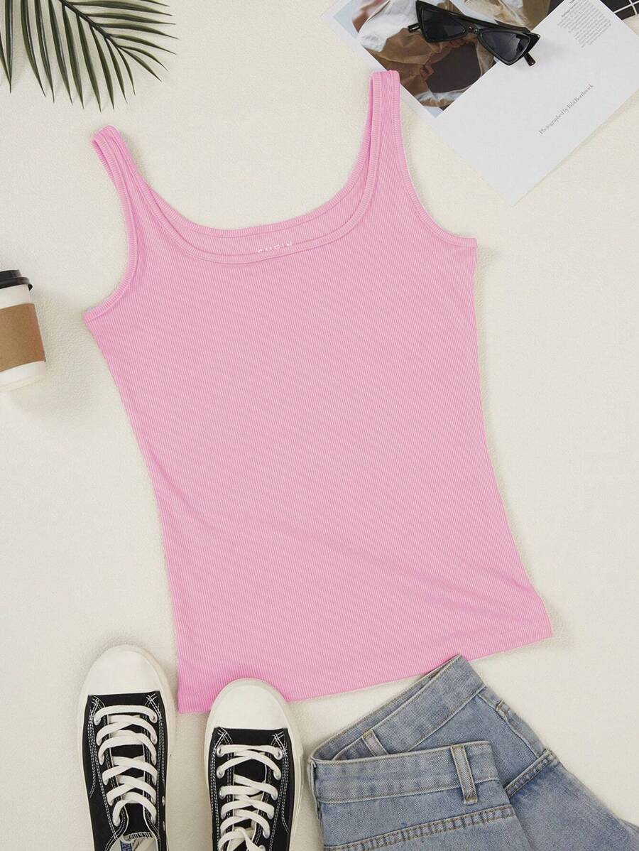 INAWLY Solid Scoop Neck Tank Top - Pink - View 1