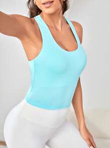 Solid Racer Back Sports Tank Top - Mint Blue - View 1