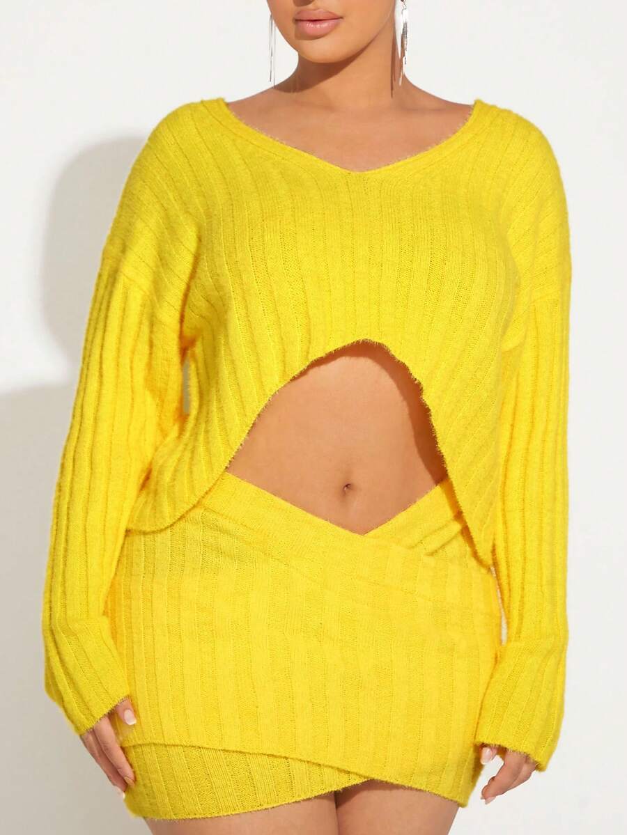 SHEIN SXY Áo len trễ vai cao thấp viền - Màu vàng - Xem 1