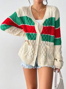 SHEIN Unity Color Block Cable Knit Drop Shoulder Cardigan | SHEIN USA
