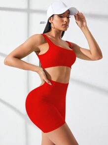 SHEIN Core Rhythm Seamless Slight Stretch Sports Bra With Biker Shorts,Women Tennis Outfit For Chinese New Year Workout Women Set Gym Women Outfit - Red - View 5
