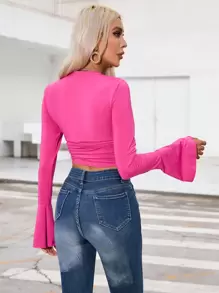 SHEIN Privé 素色喇叭袖短款T恤 - 紫色 - 查看 3