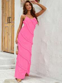 Spring And Summer Women Split Thigh Cami Suspender Dresses - Pink - View 3