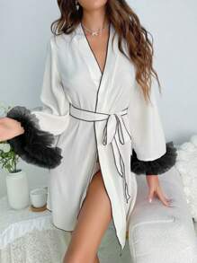 Women's Black And White Thigh Length V Neck Robe With Flare Sleeves And Contrast Binding