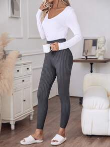 SHEIN LUNE Solid Knit Pants - Grey - View 6
