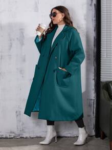 Modelyn Plus Lapel Neck Double Breasted Overcoat - Teal Blue - View 6