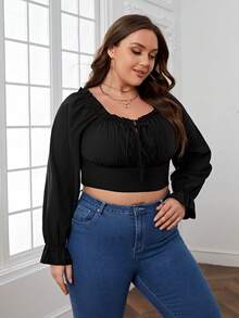 SHEIN Privé Plus Off Shoulder Flare Sleeve Knot Front Crop Blouse - Black - View 5