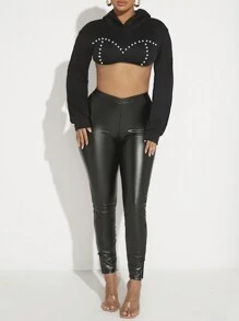 SHEIN SXY 仿珍珠串珠露脐连帽衫，新年派对性感款 - 黑色 - 查看 4