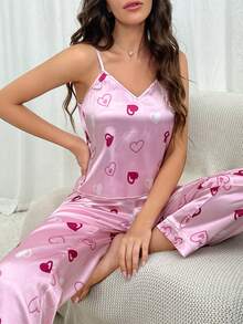 心形印花缎面睡衣套装 / 睡衣套装 - 粉色 - 查看 5