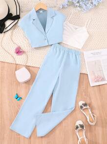 SHEIN Tween Girl Lapel Neck Vest Blazer & Pants & Ruched Crop Cami Top