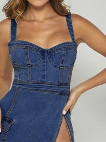 Denimoi Đầm denim xẻ đùi đơn giản thời trang thường ngày giản dị - Rửa tối - Xem 6