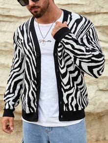 GENTILAND Nam Mô hình sọc ngựa vằn Áo len Mở - Đen và trắng - Xem 3