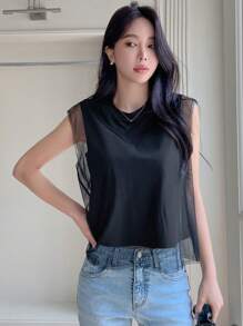 DAZY Chất rắn Lưới Áo ba lỗ - màu đen - Xem 6