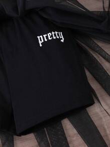 SHEIN Tween Girl Letter Graphic Cami Top & Mesh Overlay Skirt - Black - View 4