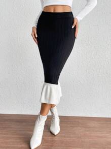 SHEIN Essnce Khối màu Nàng tiên cá Hem Váy dệt kim - màu đen - Xem 4