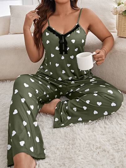 Plus Heart Print Lace Trim PJ Set / Pajama Set