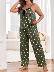 Plus Heart Print Lace Trim PJ Set / Pajama Set - Army Green - View 5