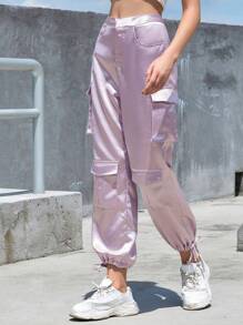 Eilly Bazar Flap Pocket Side Drawstring Hem Satin Cargo Pants - Lilac Purple - View 1