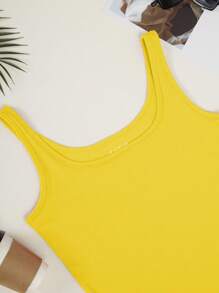 INAWLY Solid Scoop Neck Tank Top - Yellow - View 5