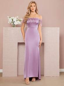 SHEIN Belle Váy lệch vai đính chi tiết Váy cô dâu viền nàng tiên cá - Màu tím hoa cà - Xem 5