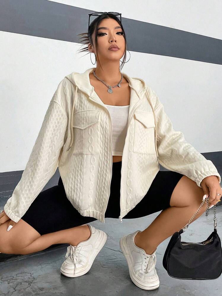 Flirla Talla grande Cazadora con bolsillo con solapa de hombros caídos con cordón con capucha - Beis - Añade 1