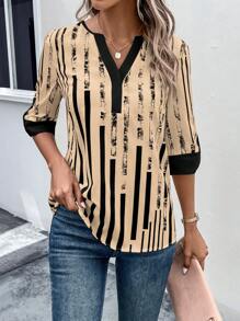 SHEIN LUNE 條紋印花缺口領襯衫 - 彩色 - 查看 3