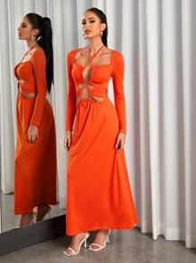 Zolique Cắt ra Crisscross Buộc lại Đầm - Màu Cam cháy - Xem 3