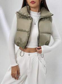 SHEIN EZwear 抽绳下摆拉链背心夹棉外套 - 軍綠色 - 查看 4